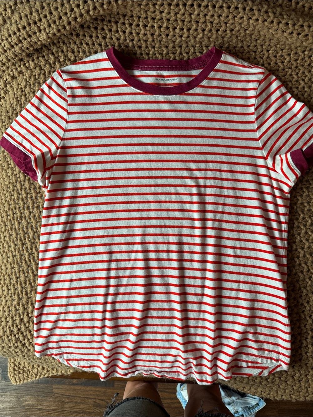 Banana Republic White Tee with Red Stripes and Burgundy Trim